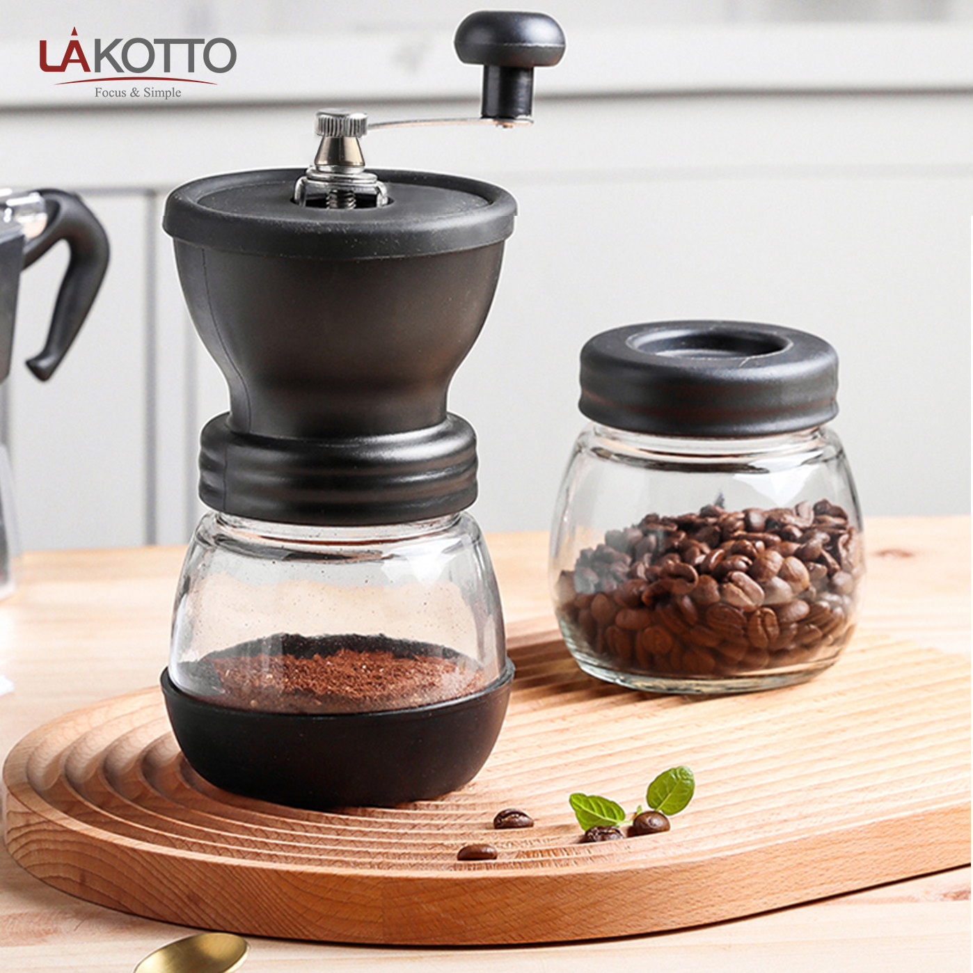 Manual Coffee Grinder with Ceramic Burrs Hand Coffee Mill with Two Glass Jars