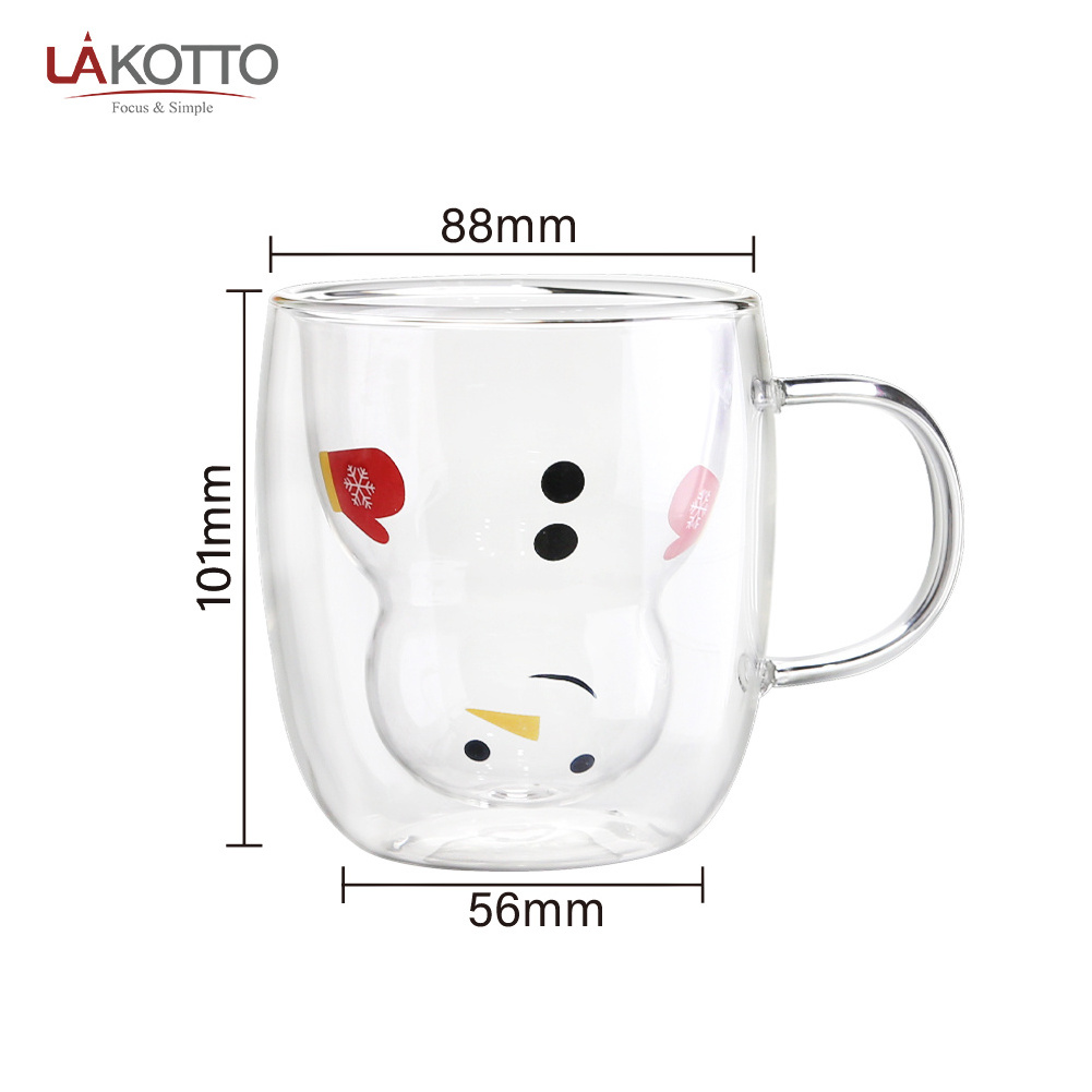 Hot Sale 250ml Borosilicate Glass snow man Double Wall Coffee Mugs Espresso Color Glass Mug For Coffee and Tea