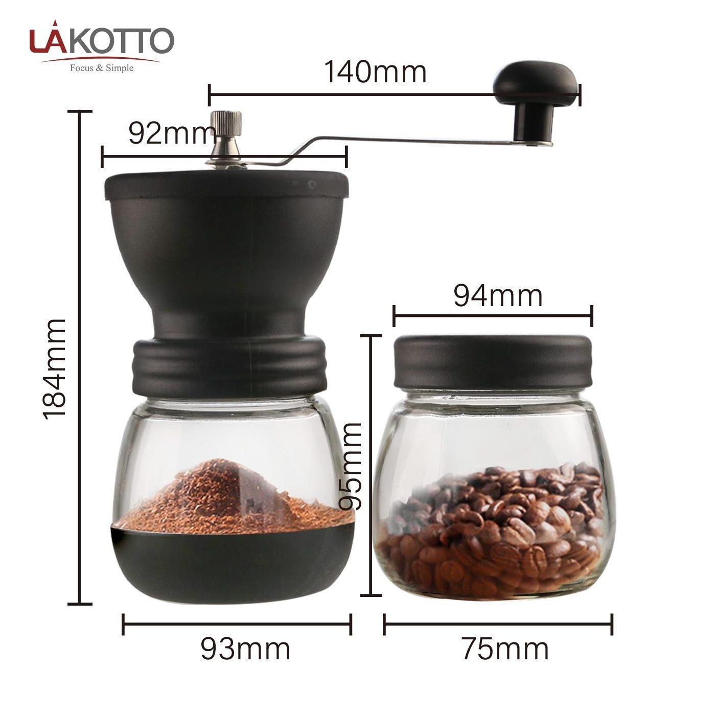 Manual Coffee Grinder with Ceramic Burrs Hand Coffee Mill with Two Glass Jars