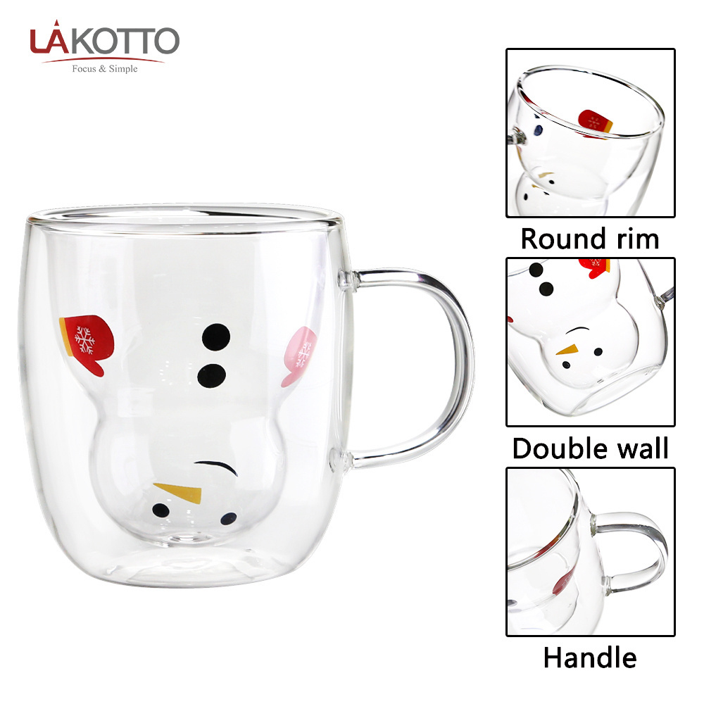 Hot Sale 250ml Borosilicate Glass snow man Double Wall Coffee Mugs Espresso Color Glass Mug For Coffee and Tea