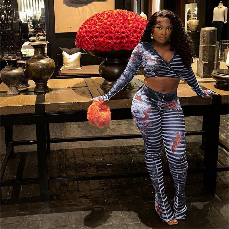 Kliou K23S40178  Long Sleeve V-neck Bare Midriff Tops+High Waist Trousers Women Sets Mesh Striped Print 2 Piece Set Ladies