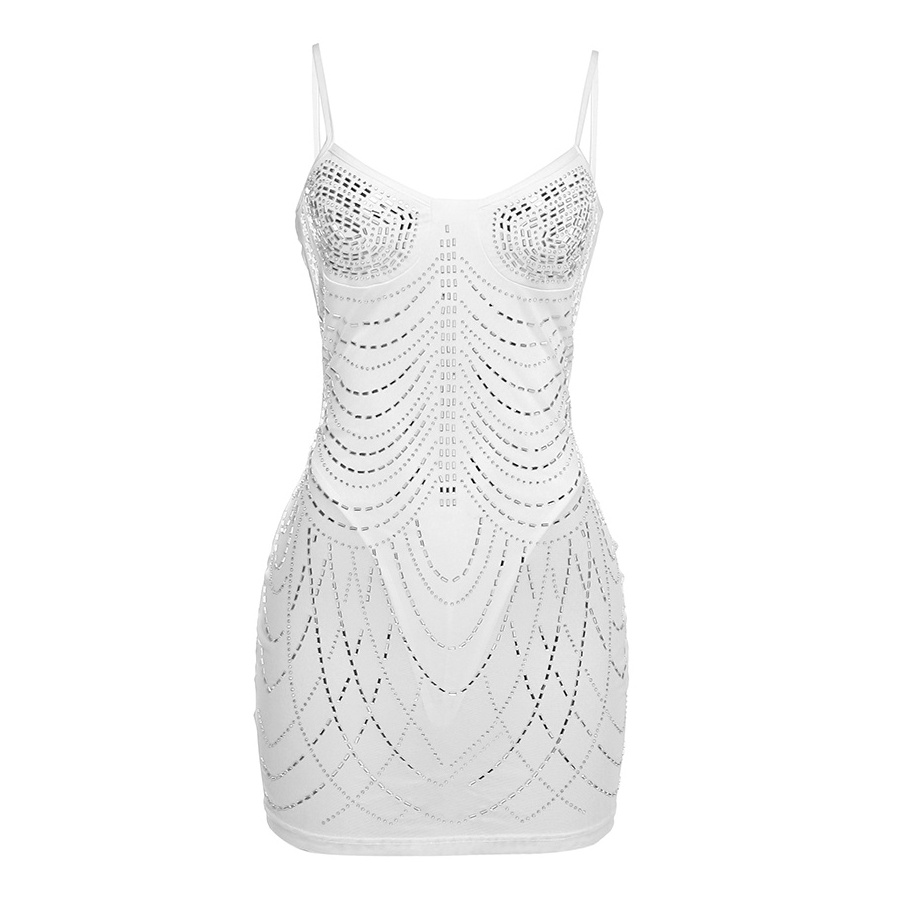 Kliou K22D24021 New Arrival 2023 mini slip dress for women night club dress rhinestone white slim dress