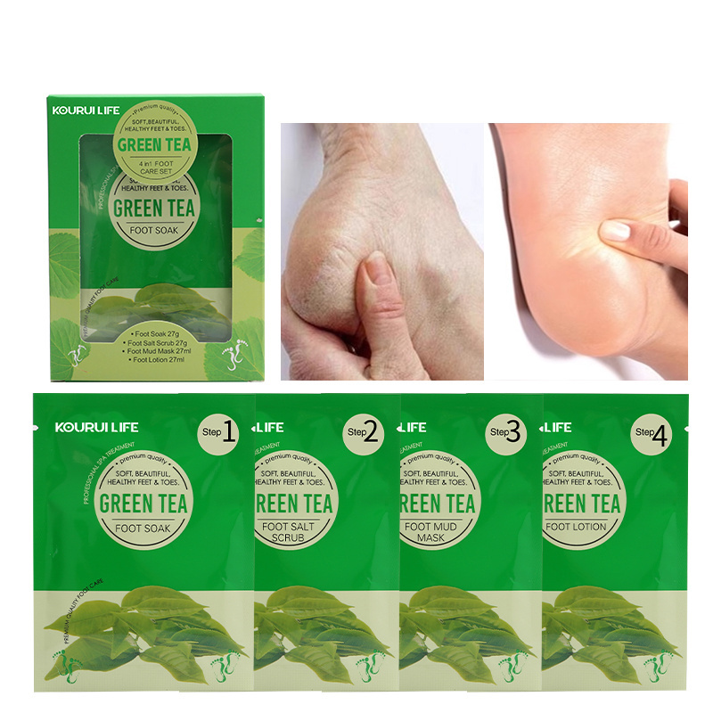 Private Label Green Tea 4 In 1 Foot Spa Set Whitening Callus Remover Peeling Crystal Jelly Foot Spa Bath Soak Foot Scrub