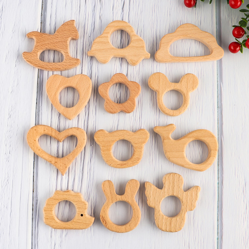 Kovict High quality unfinished natural wood carved animals shape baby wooden teether toy