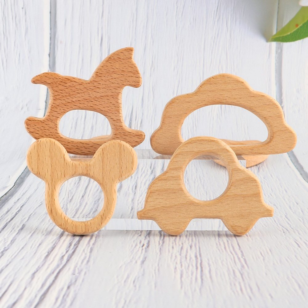 Kovict High quality unfinished natural wood carved animals shape baby wooden teether toy