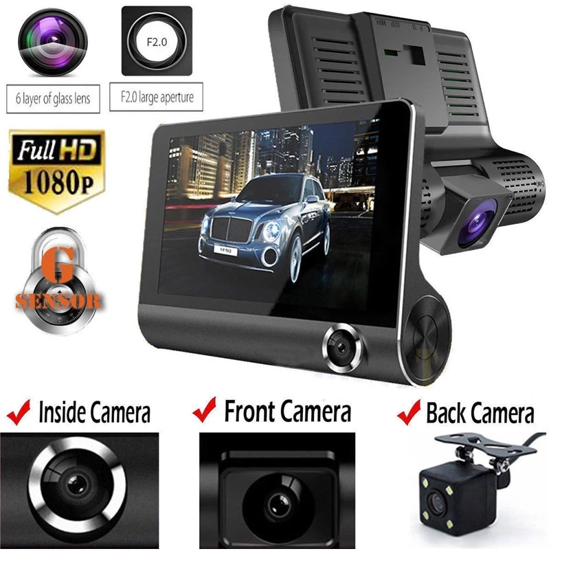 Hot sell 4'' Car Dvr Camera Three Lens auto Video Recorder 170degree Wide Angle Car Camera G-sensor Night vision Dashcam