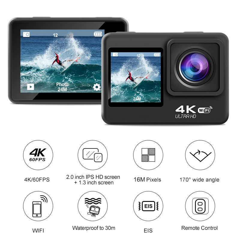 New Arrival 4K/60fps action camera dual screen WiFi 170D Waterproof Anti-shake Pro Sport Video Camera With 2.4G Remote Control