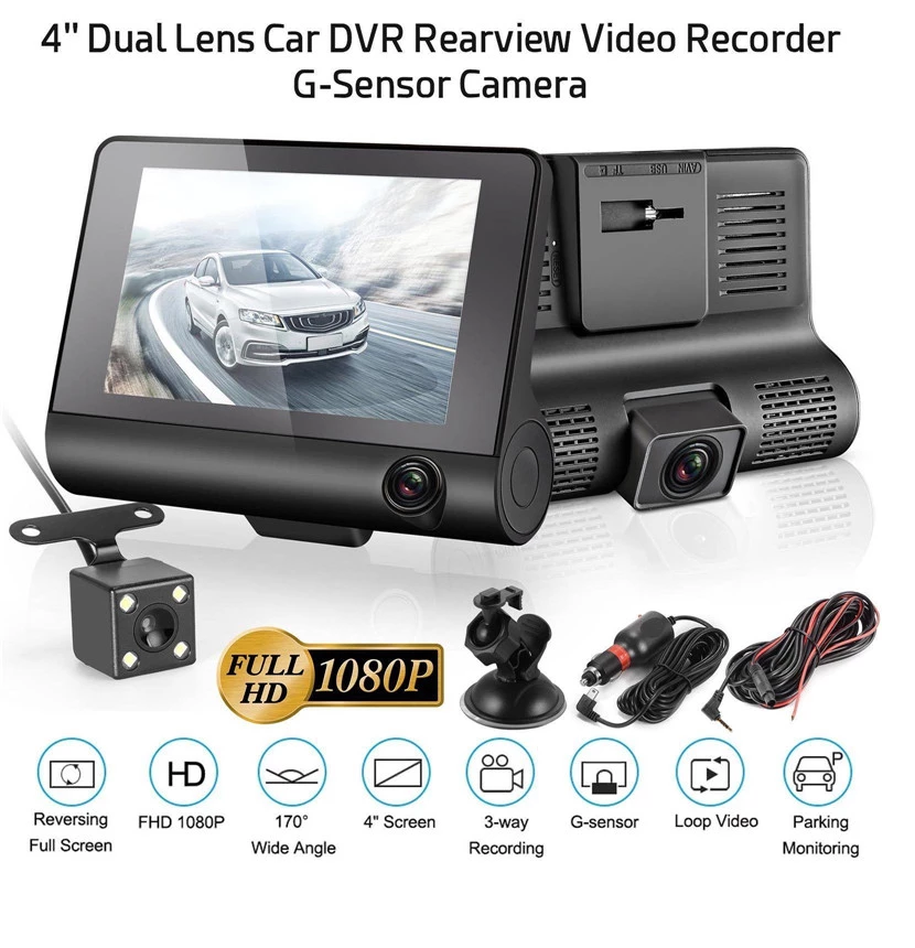 3 Lens 4'' HD 1080P Vehicle Car DVR Dash Cam Three-way Video Recorder Rearview Camera G-sensor