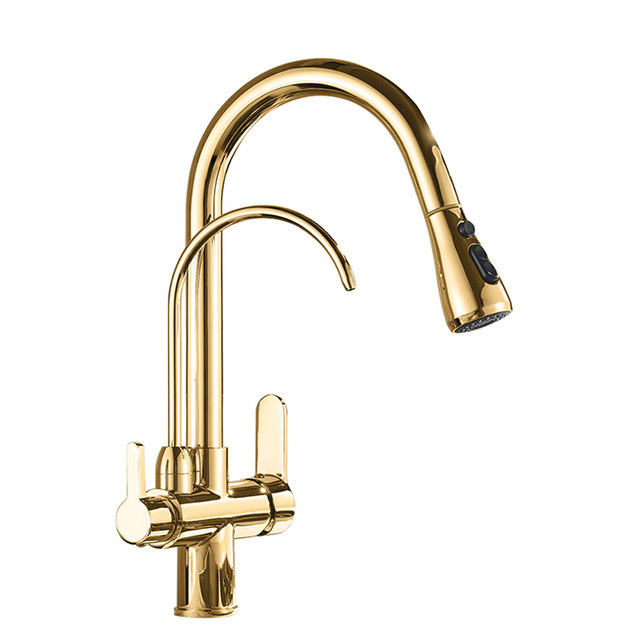 Dual handle 3 way water filter kitchen faucet pull down drinking water faucet brass chrome water purifier taps