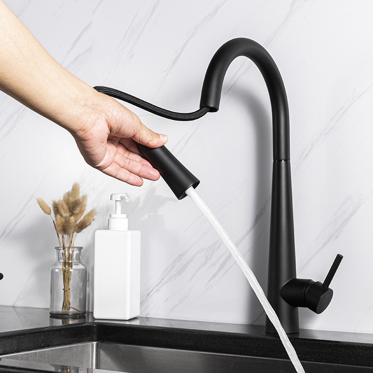 Single Handle Single Hole Matte Black Pull Down Spring Kitchen Sink Faucet With Faucet Hole Cover Kitchen Sink Faucet For Sink