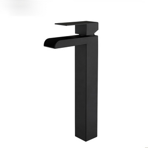 Square Washroom Black Taps China Single Handle Waterfall Black Bathroom Faucet