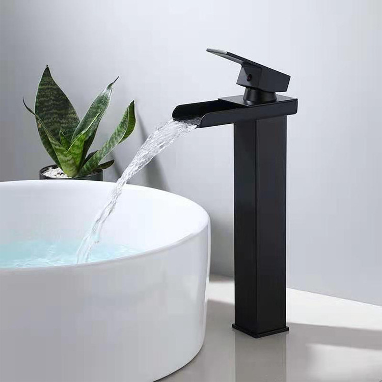 Square Washroom Black Taps China Single Handle Waterfall Black Bathroom Faucet