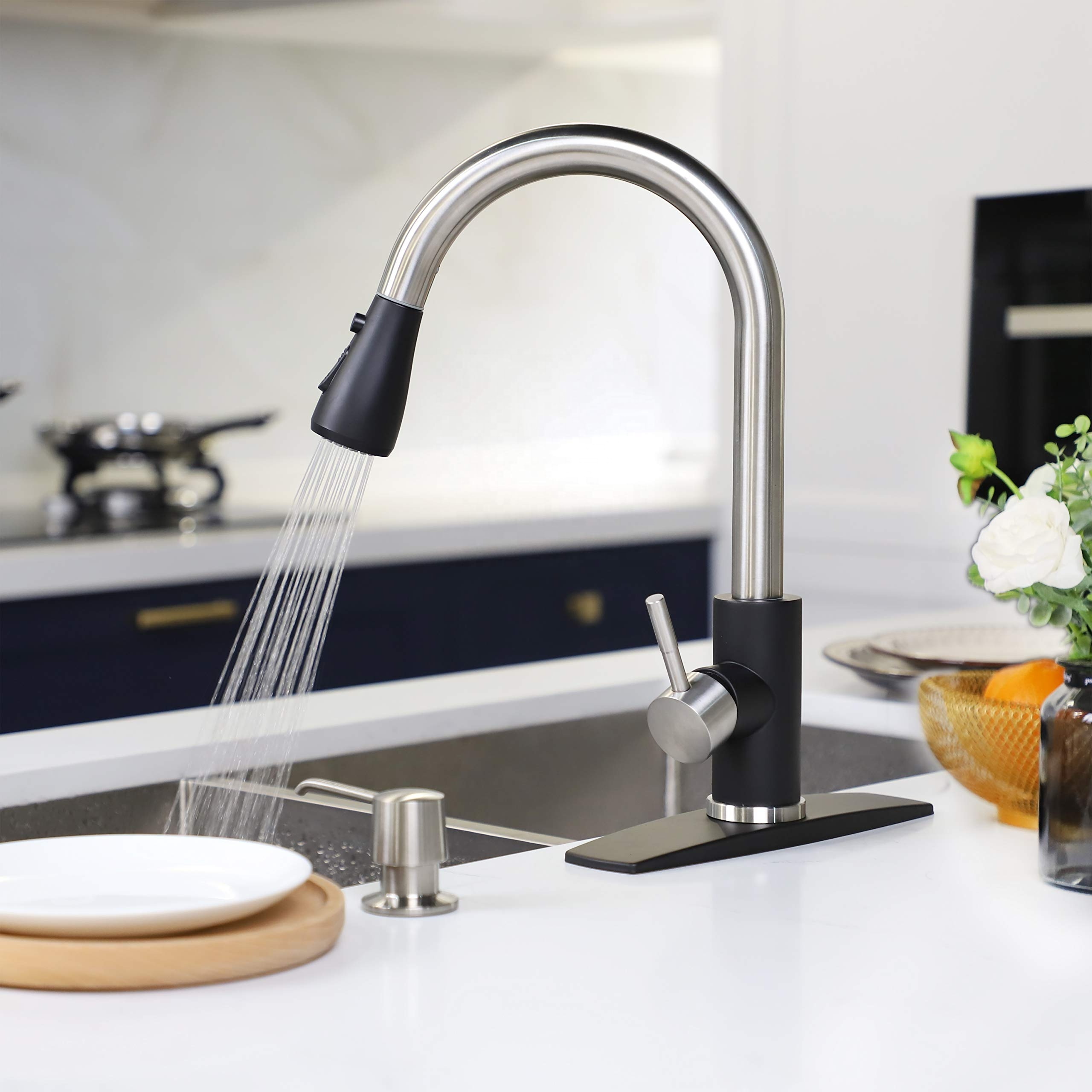 Kitchen Faucet with Pull Down Sprayer Brushed Black, High Arc Single Handle Kitchen Sink Faucet with Deck Plate, Commercial Mode