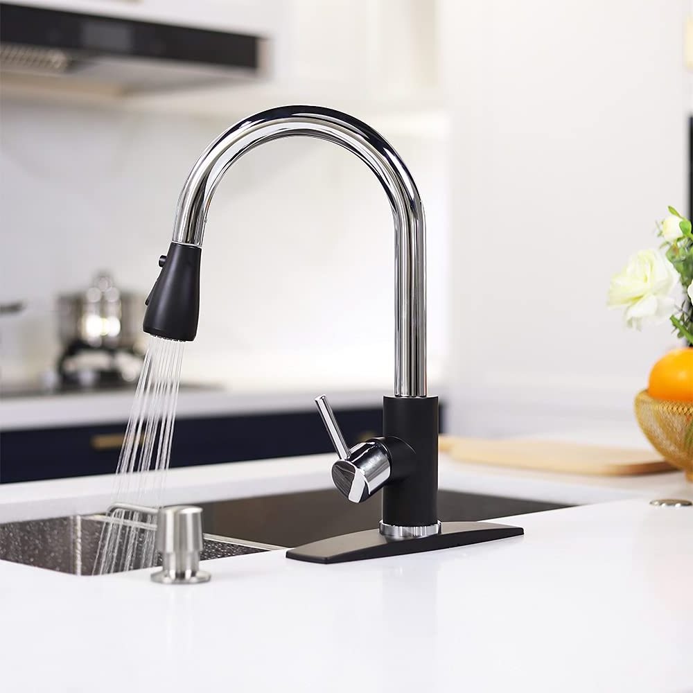 Kitchen Faucet with Pull Down Sprayer Brushed Black, High Arc Single Handle Kitchen Sink Faucet with Deck Plate, Commercial Mode