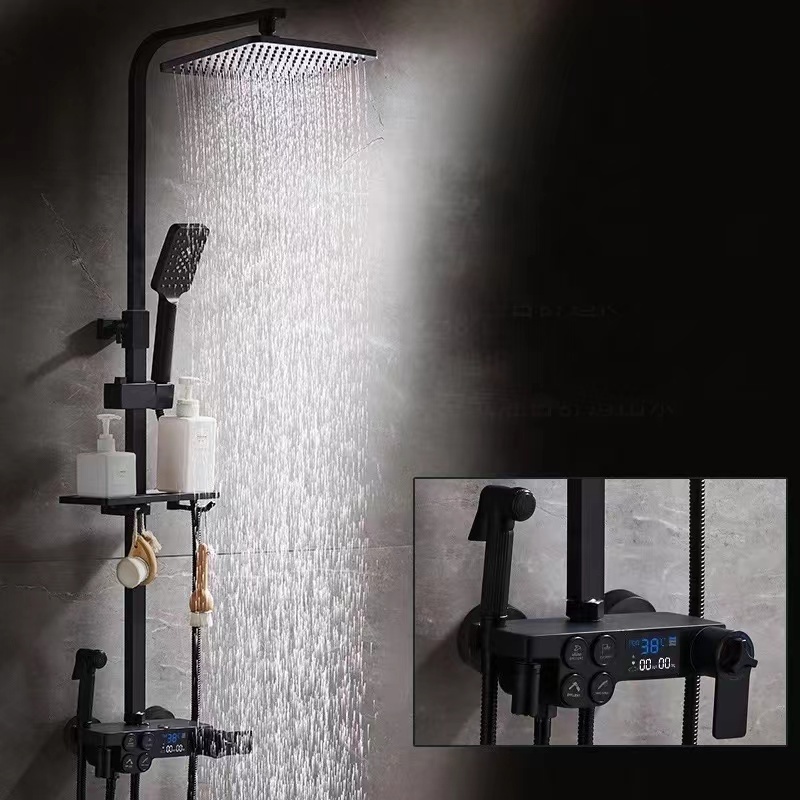 Black Digital Thermostatic Shower Faucet Set Wall Mounted Mixer Tap With Bathroom Shelf