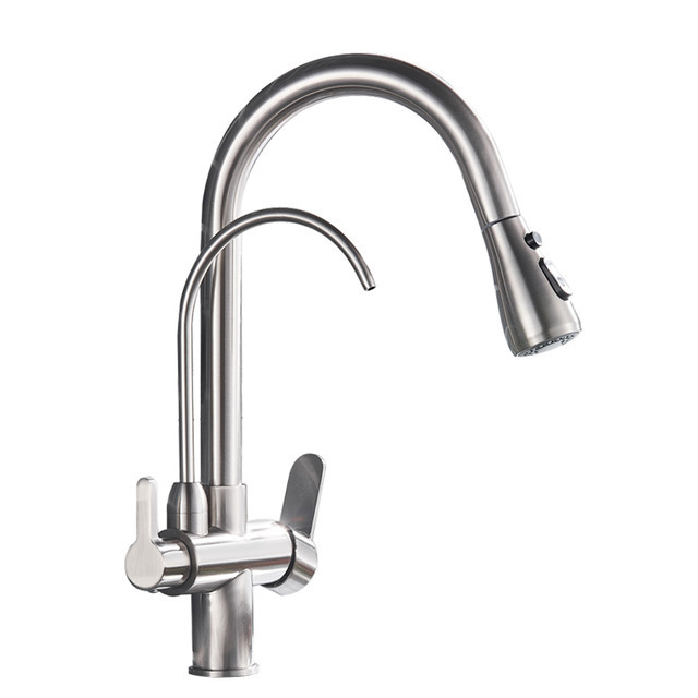 Dual handle 3 way water filter kitchen faucet pull down drinking water faucet brass chrome water purifier taps