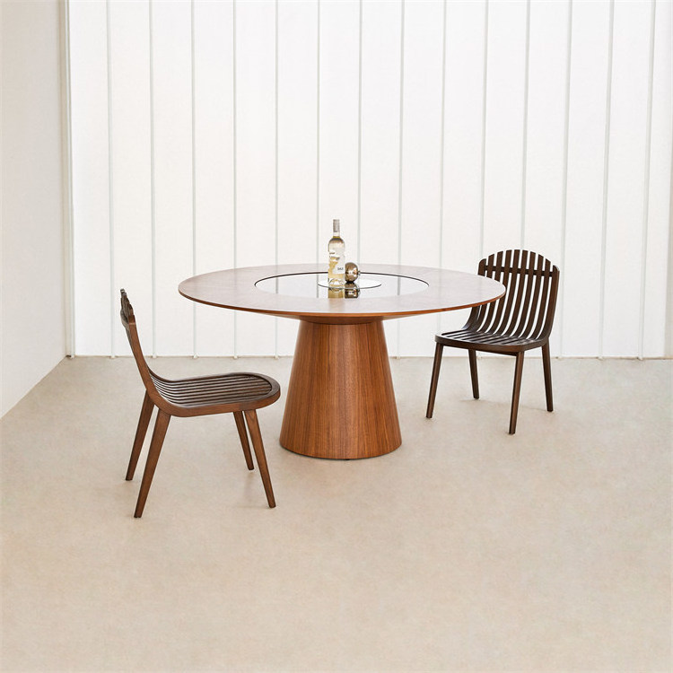 Modern Luxury Walnut Veneer New design home Restaurant Round Dining Table With Center Round Rotating Glass