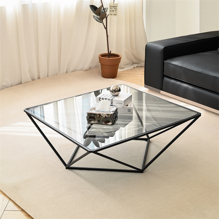 Modern Living Room Furniture Metal Center Coffee Tables Modern Luxury Gray Tempered Glass Top Coffee Side Table