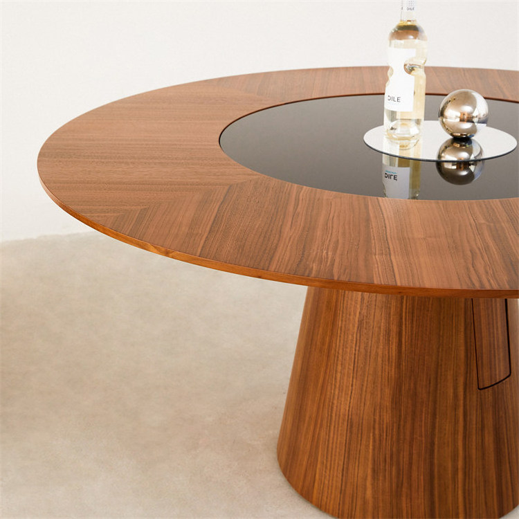 Modern Luxury Walnut Veneer New design home Restaurant Round Dining Table With Center Round Rotating Glass