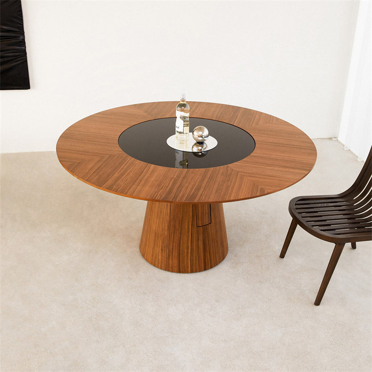 Modern Luxury Walnut Veneer New design home Restaurant Round Dining Table With Center Round Rotating Glass