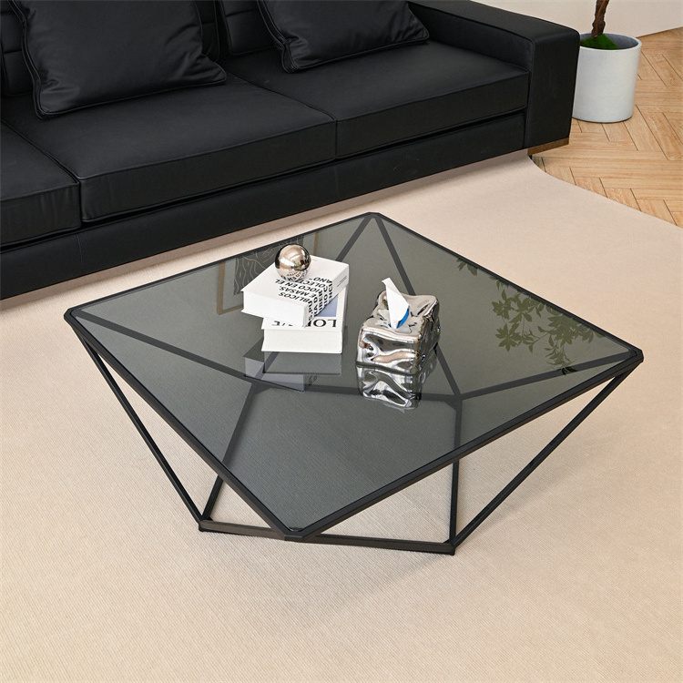 Modern Living Room Furniture Metal Center Coffee Tables Modern Luxury Gray Tempered Glass Top Coffee Side Table