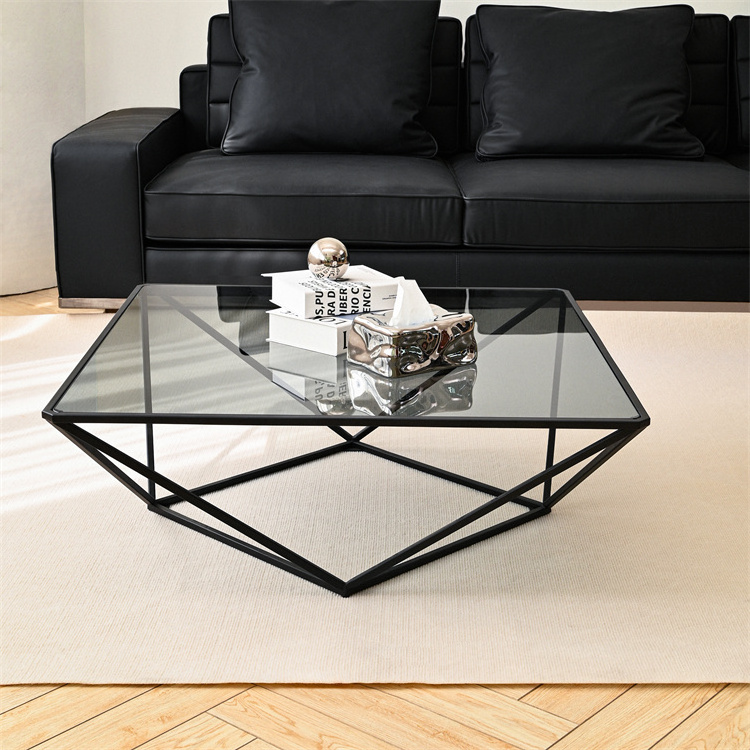 Modern Living Room Furniture Metal Center Coffee Tables Modern Luxury Gray Tempered Glass Top Coffee Side Table