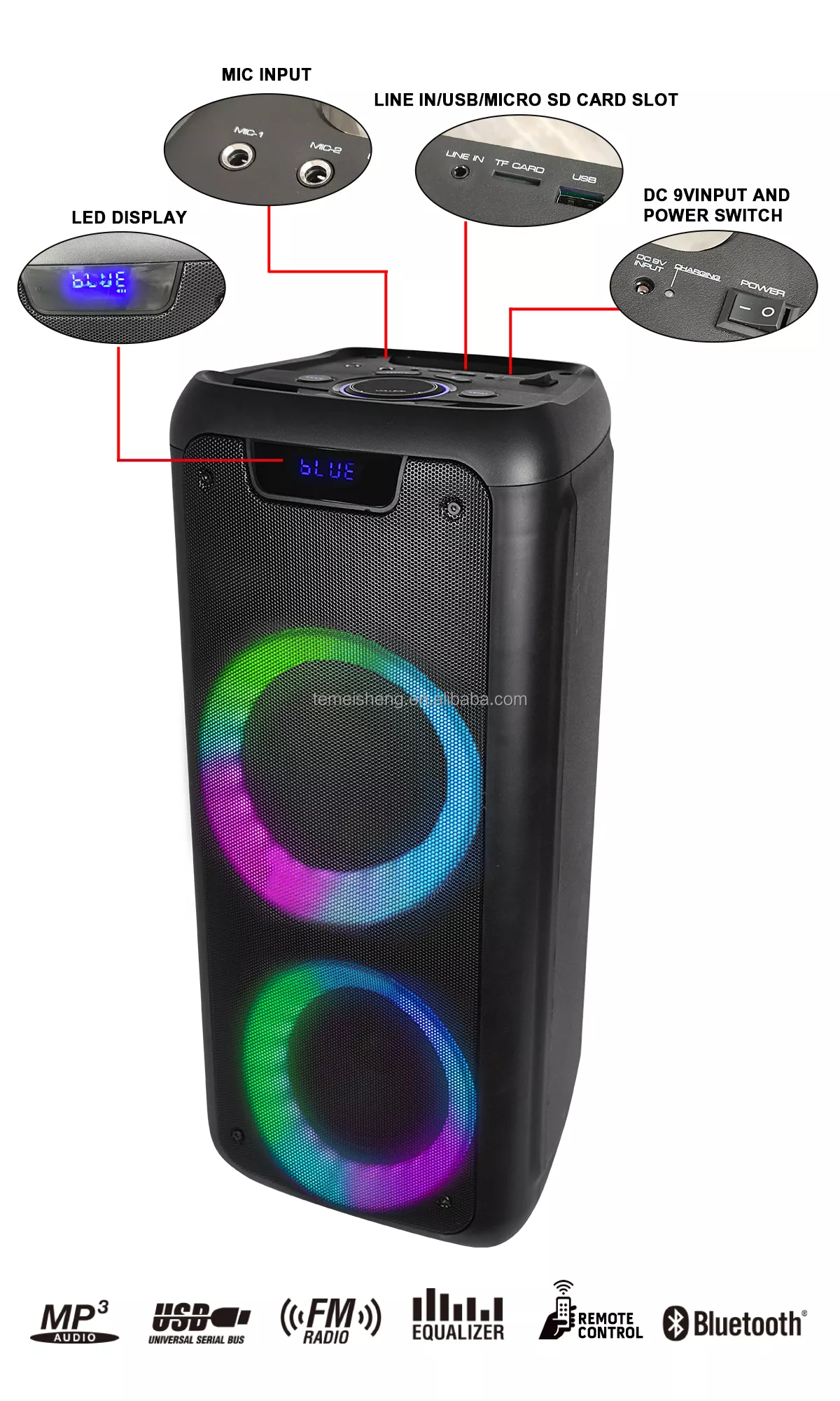 Kozh Eric ye Double Partybox 310 6.5 inch 8 Portable Party Box Speaker 1000w Altavoces Rgb Light Karaoke Guitar Speaker