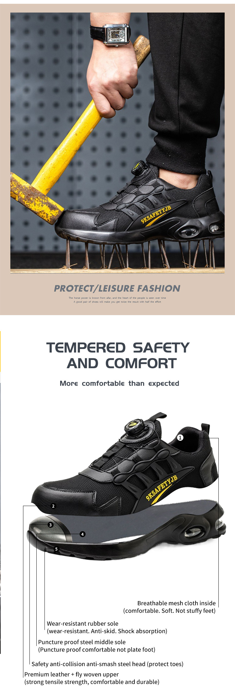 Summer breathable safety shoes. Anti-smash steel toe safety shoes, construction work boots, safety shoes for men