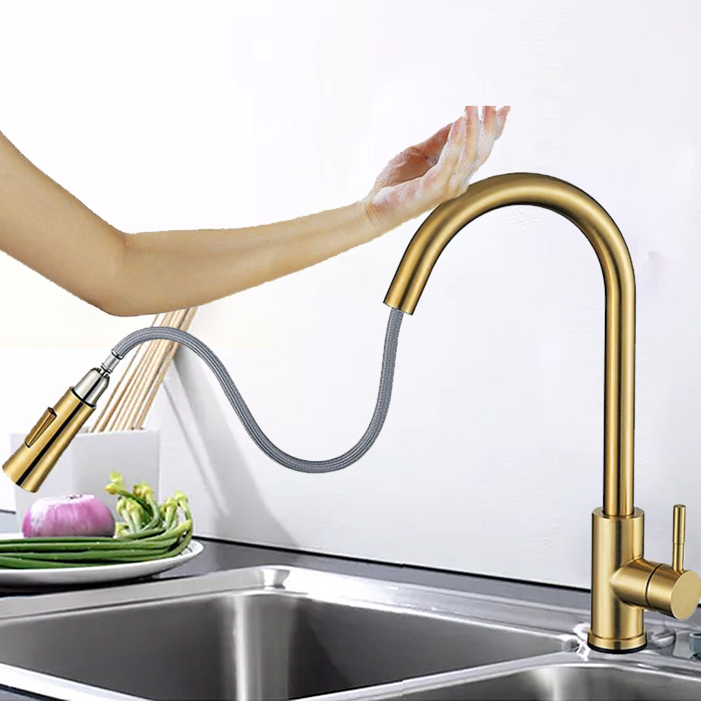 Brass Gold Stainless Steel Kitchen Faucet with Pull Down Sprayer Smart  Sensor High Arc Kitchen Faucet Kitchen Faucet