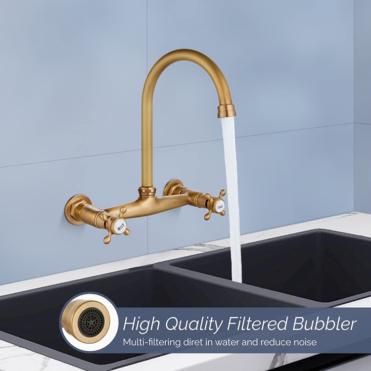 Luxury Hotel Gold Sanitary Ware Two Lever Antique Brass Bridge Sink Taps Commercial Into The Wall Mount Kitchen Faucet