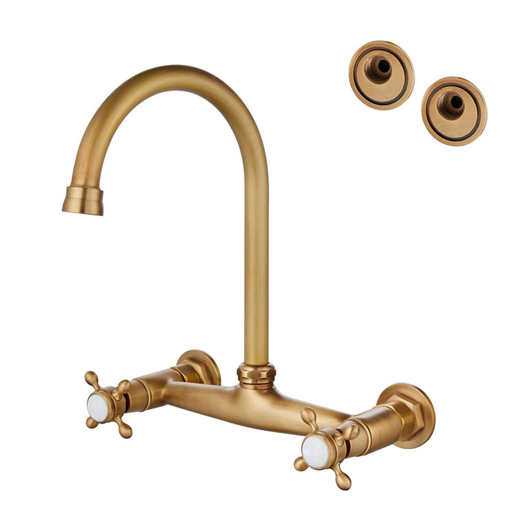 Luxury Hotel Gold Sanitary Ware Two Lever Antique Brass Bridge Sink Taps Commercial Into The Wall Mount Kitchen Faucet