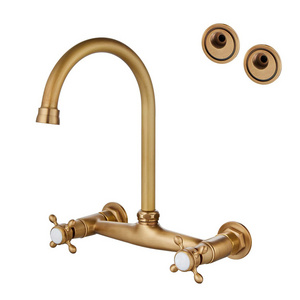 Luxury Hotel Gold Sanitary Ware Two Lever Antique Brass Bridge Sink Taps Commercial Into The Wall Mount Kitchen Faucet