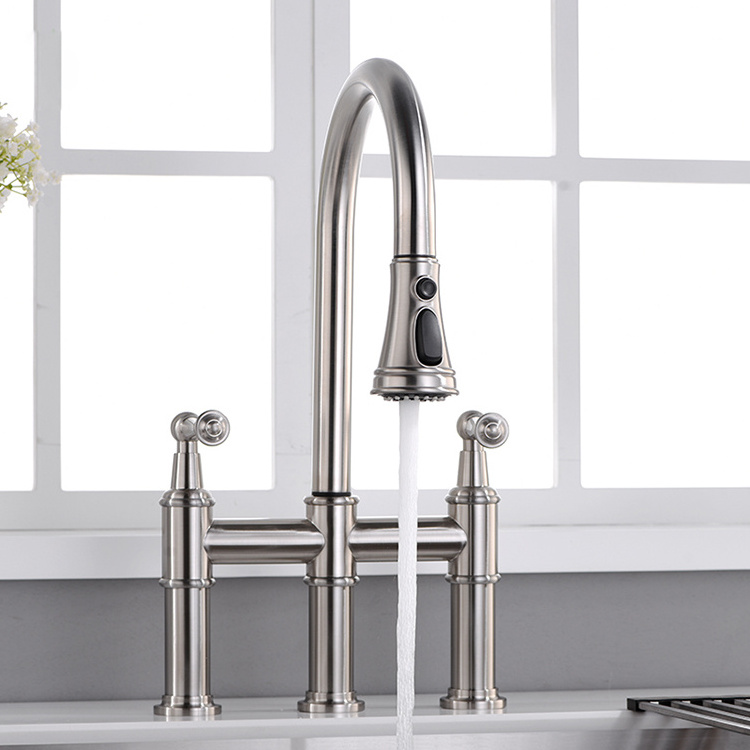 Anti-Fingerprint Spot Brushed Nickel 2 Lever Double Bridge Kitchen Faucet with Pull Down Spout