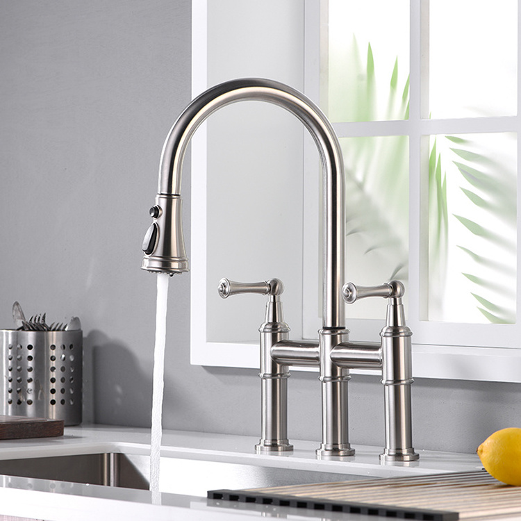 Anti-Fingerprint Spot Brushed Nickel 2 Lever Double Bridge Kitchen Faucet with Pull Down Spout