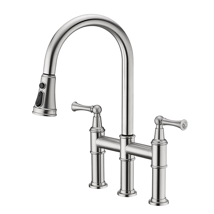 Anti-Fingerprint Spot Brushed Nickel 2 Lever Double Bridge Kitchen Faucet with Pull Down Spout