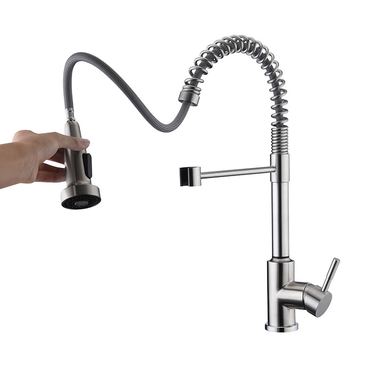 Factory Hot Sell Deck Mounted Brushed Nickel Stainless Steel Gold Silver Black Style Pull Out Sprayer Spring Kitchen Faucet