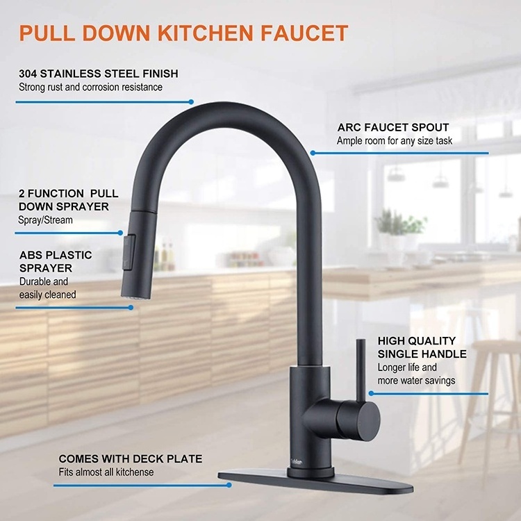 2 Function upc Matt Black Pull Down  Kitchen Faucet Retractable Sink Mixer Tap Touch Sensor Kitchen Faucet with Pull Out Sprayer