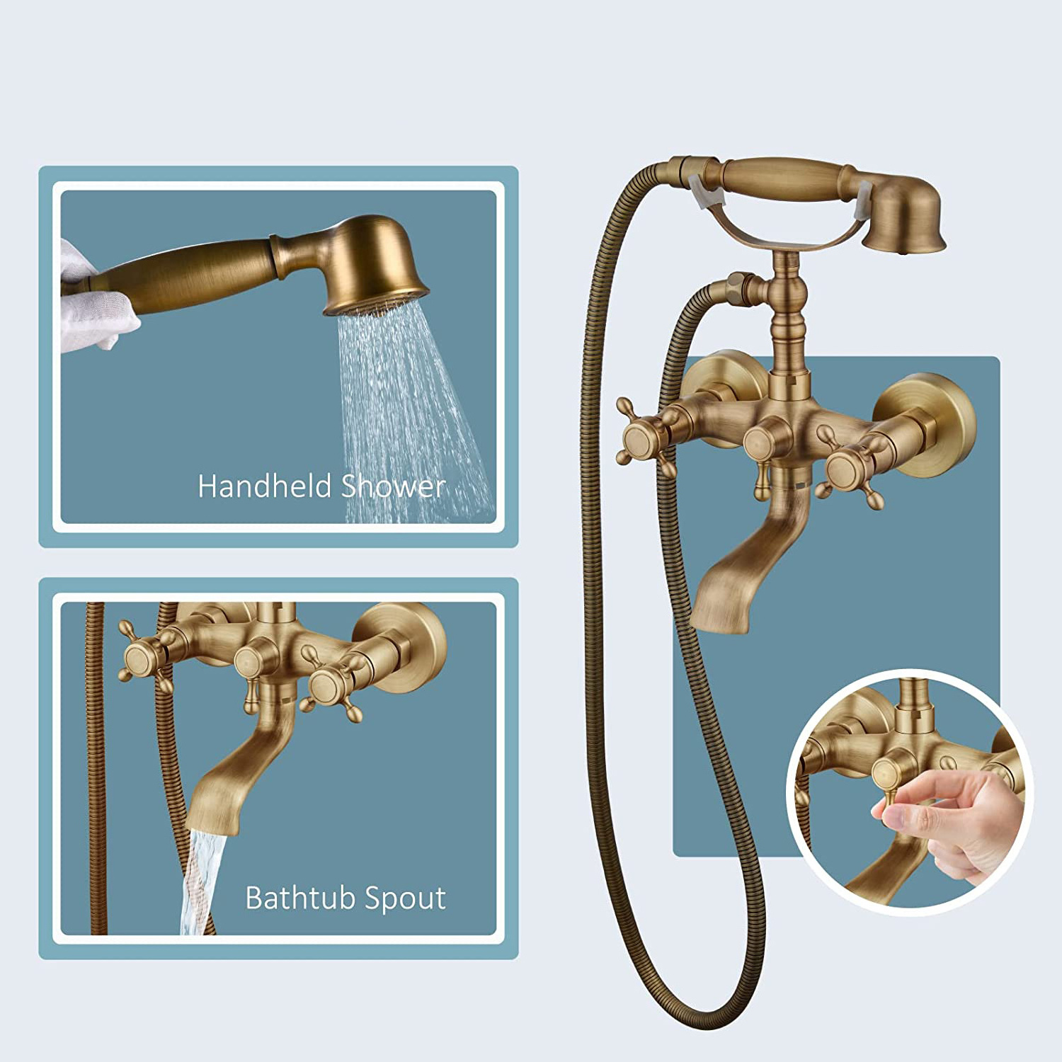 Freestanding Massage Shower Bath Mixer Brushed Gold Clawfoot Rod Wall Mount Bathtub Faucet and Tub Filler