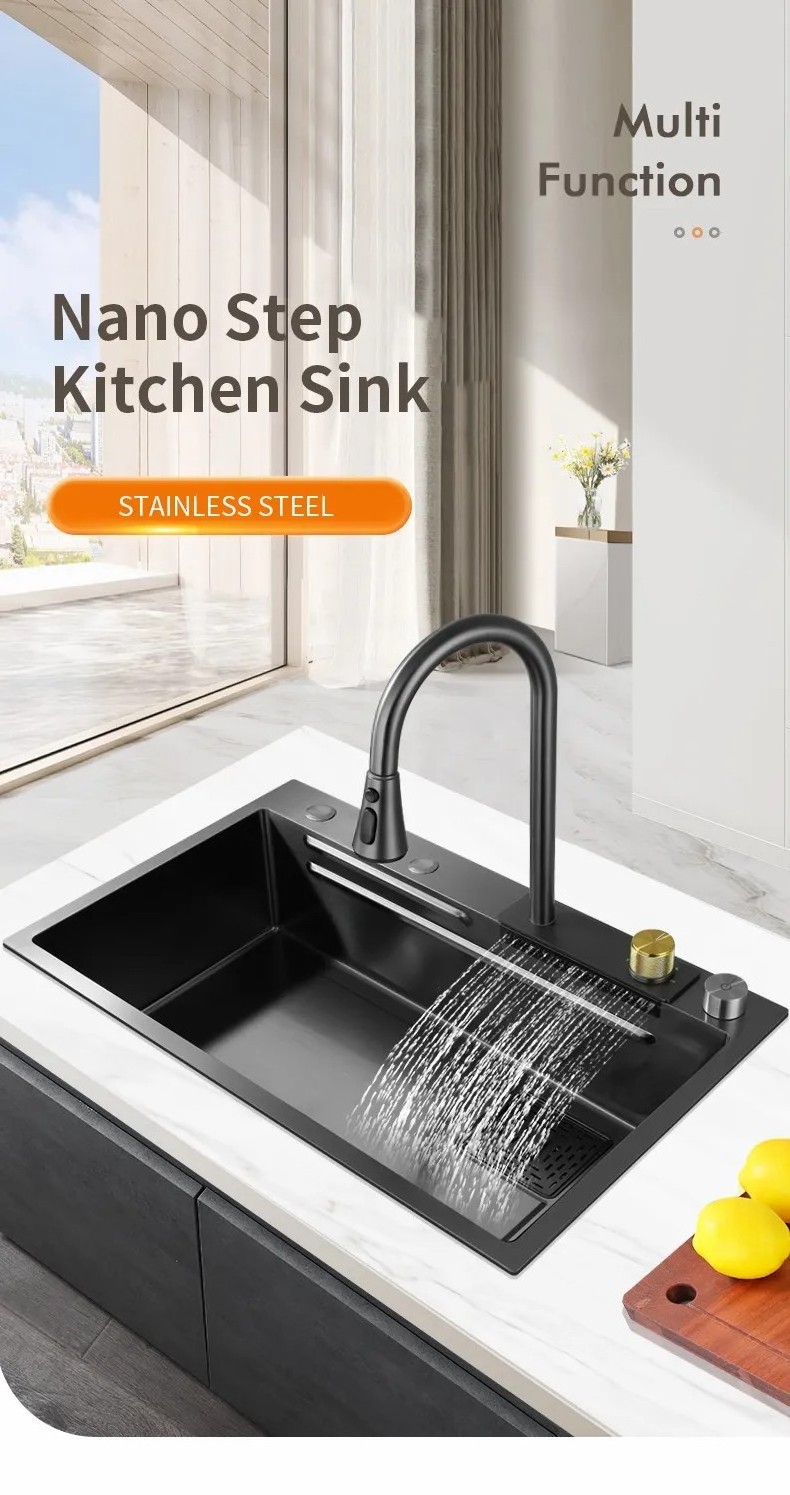 lanxing factory Modern kitchen sink 304 stainless steel Sink kitchen faucet black waterfall rainfall single bowl kitchen sink s