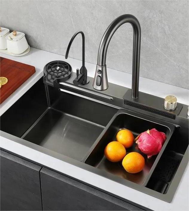 lanxing factory Modern kitchen sink 304 stainless steel Sink kitchen faucet black waterfall rainfall single bowl kitchen sink s