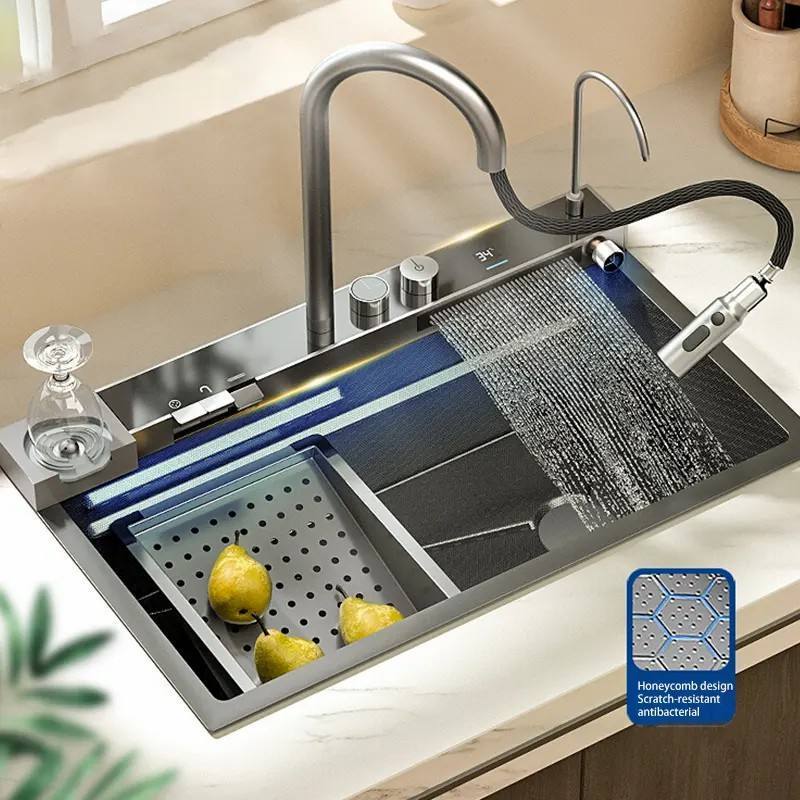 lanxing factory Thickened Piano Key Multifunction Sink Anti-Scratch LED Digital Display Waterfall Kitchen Sink With Cup Washer