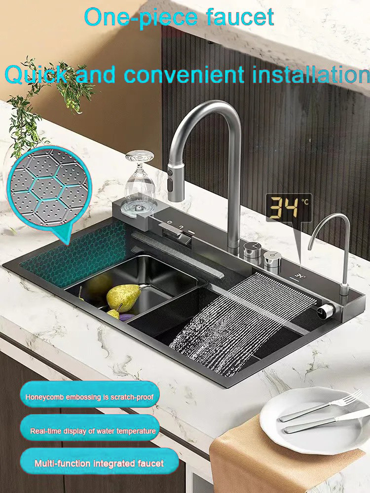 lanxing factory Thickened Piano Key Multifunction Sink Anti-Scratch LED Digital Display Waterfall Kitchen Sink With Cup Washer