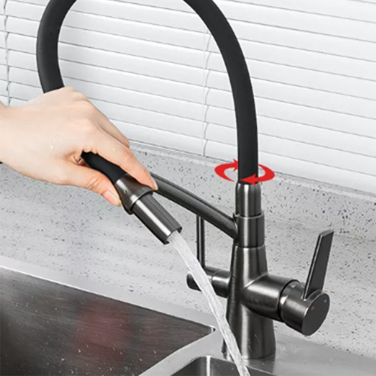 Hot sale good quality long neck black Brass 360 degree single handle flexible Filter Kitchen Faucet