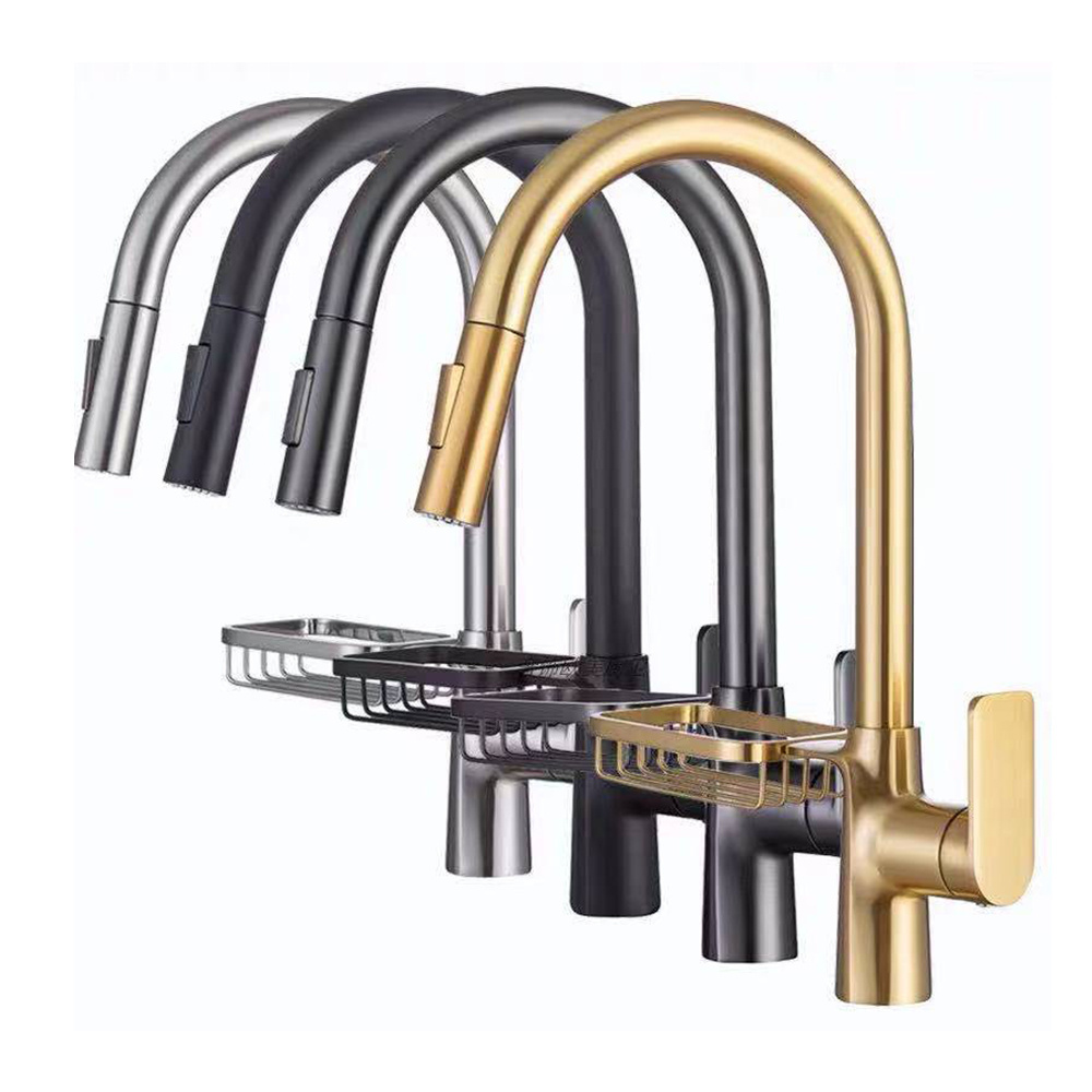 New Product Brushed Gold Brass Mixer Taps Pull Out Pull Down Kitchen Faucet With Sponge Holder