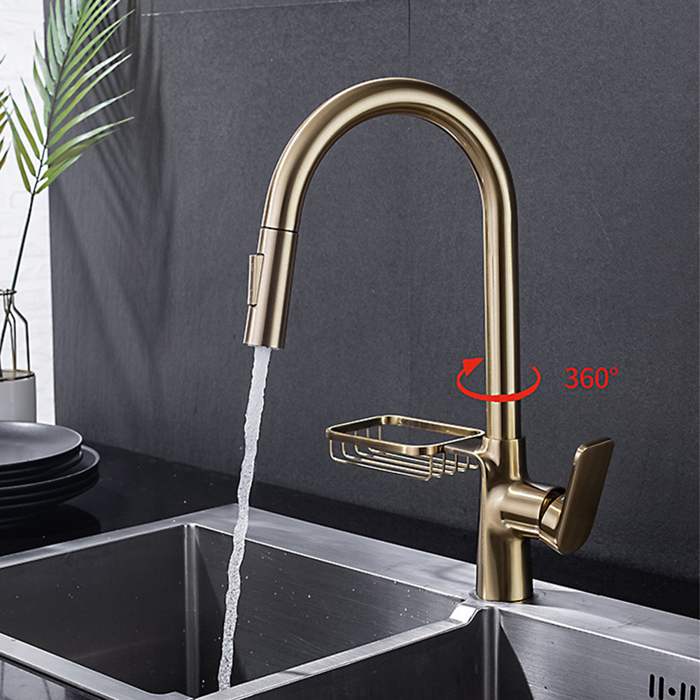 New Product Brushed Gold Brass Mixer Taps Pull Out Pull Down Kitchen Faucet With Sponge Holder