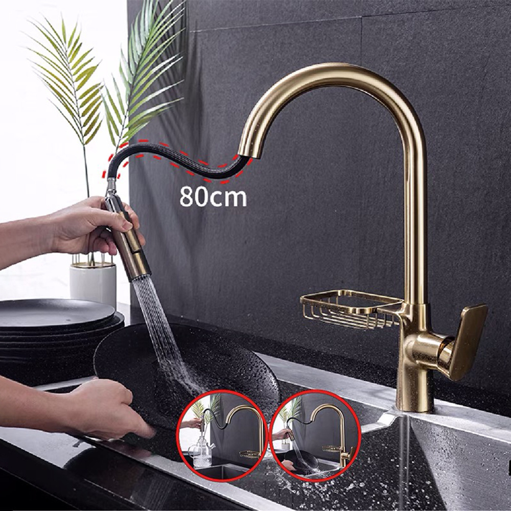 New Product Brushed Gold Brass Mixer Taps Pull Out Pull Down Kitchen Faucet With Sponge Holder