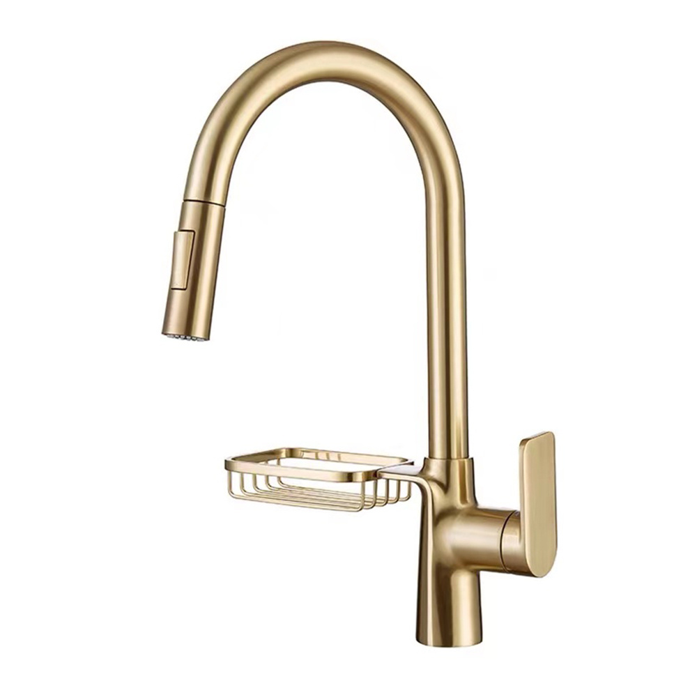 New Product Brushed Gold Brass Mixer Taps Pull Out Pull Down Kitchen Faucet With Sponge Holder