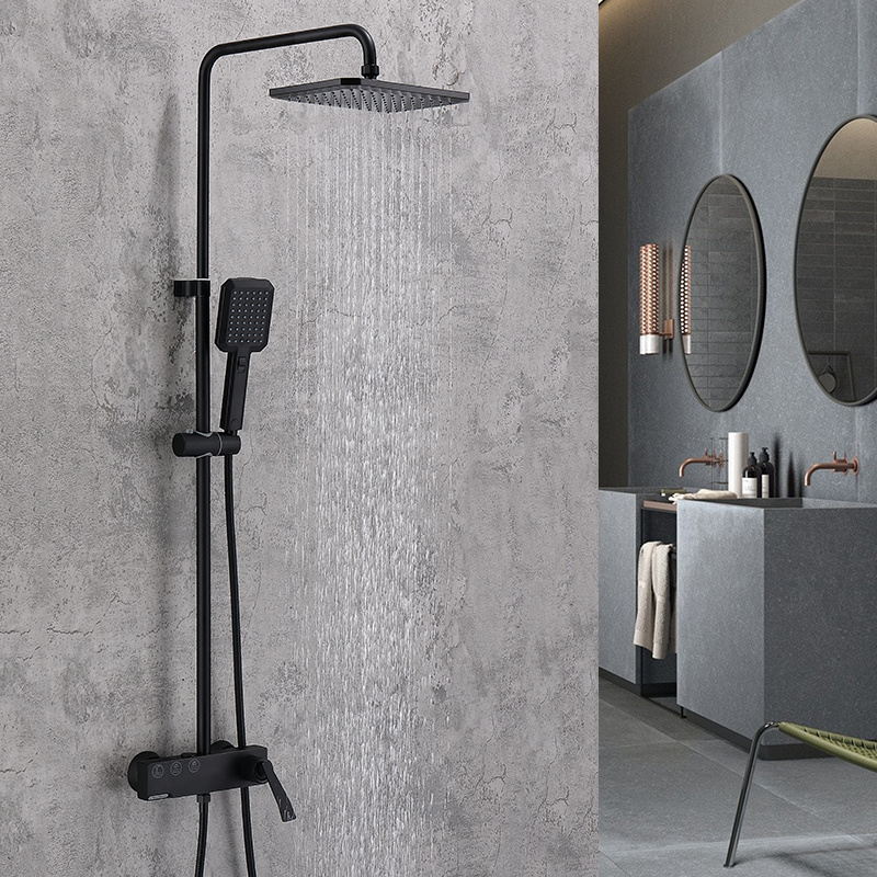 Bathroom Exposed Black Brass Rain Shower Column System Faucet Mixer Tap Taps Kits Hot Cold Shower Set