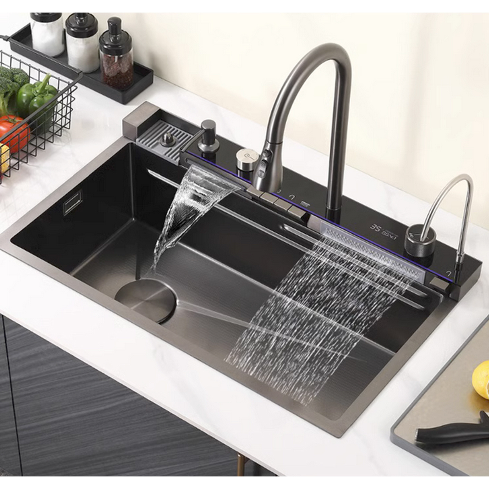 Black Sink Kitchen Sink New Stainless Steel Smart Sink Home Utility Multifunctional 3 in 1 with faucet(29.5 * 17.7in)