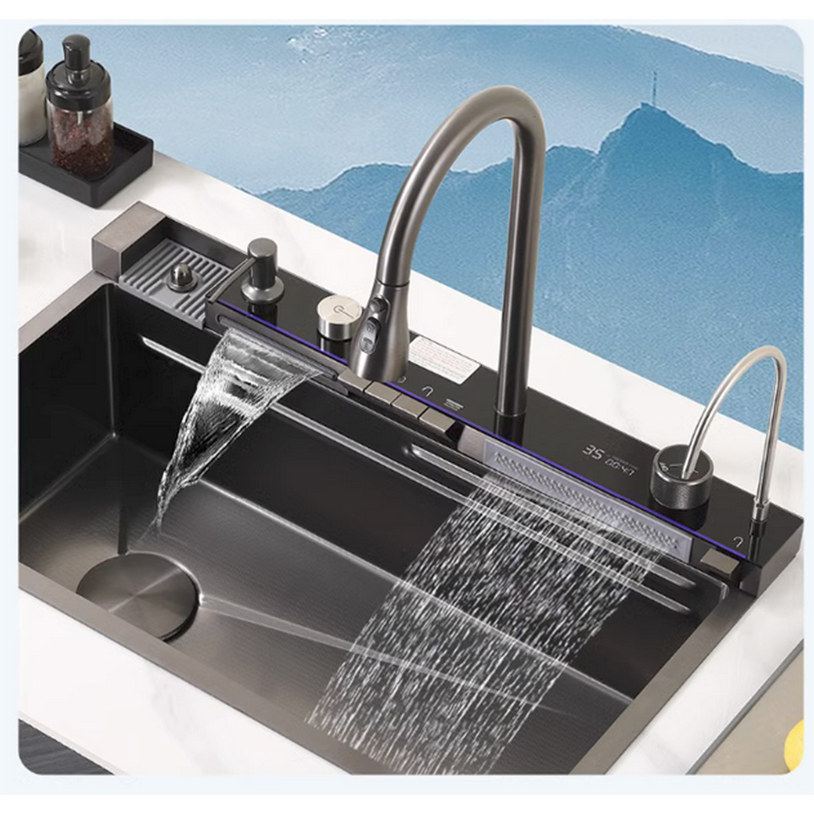 Black Sink Kitchen Sink New Stainless Steel Smart Sink Home Utility Multifunctional 3 in 1 with faucet(29.5 * 17.7in)